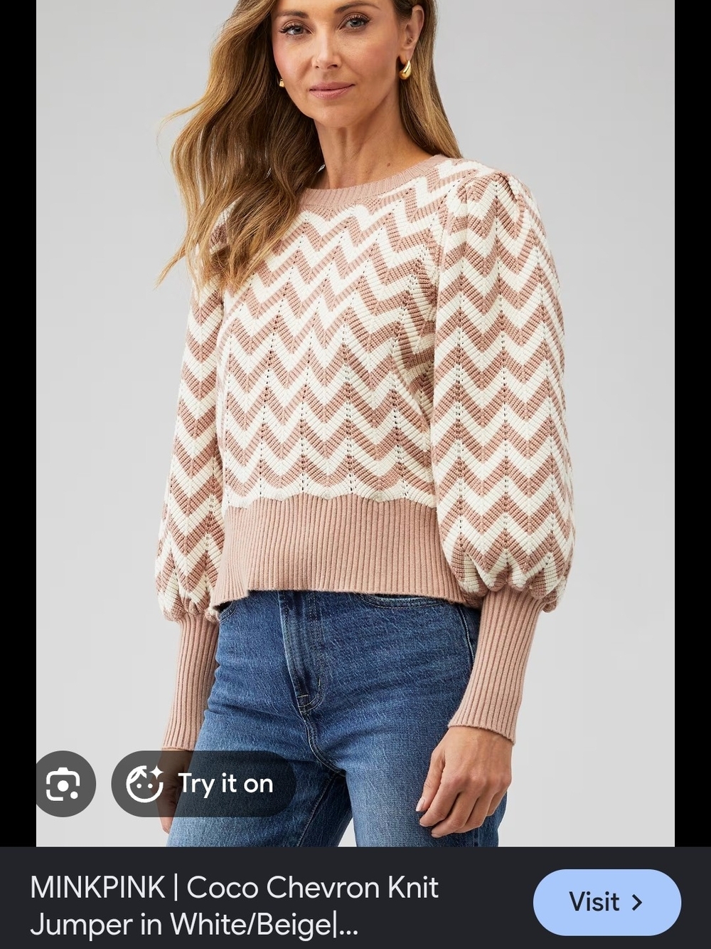 MINKPINK Revolve Chevron Knit Crew Sweater in White & Beige